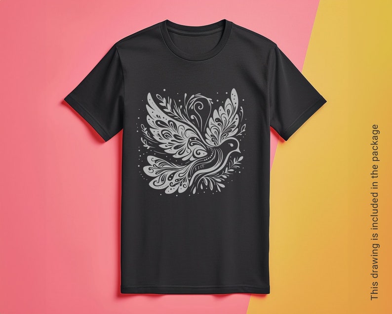 May include: Black t-shirt featuring a white stylised design of a bird with intricate details.