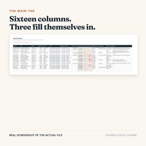 May include: A digital spreadsheet interface titled The Main Tab with the text Sixteen columns. Three fill themselves in. The table displays job application data including company names, roles, locations, work types, sources, links, dates, and status updates.