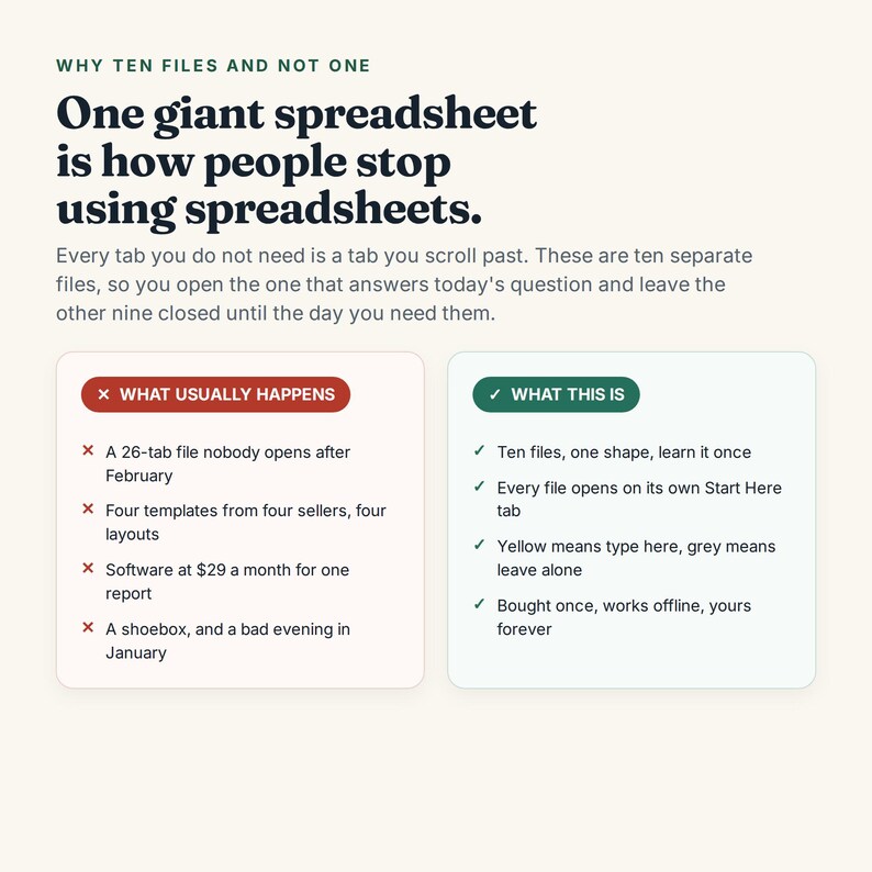 Pu&ograve; includere: Un grafico informativo intitolato Why Ten Files and Not One, che dichiara One giant spreadsheet is how people stop using spreadsheets. Confronta What Usually Happens con What This Is, utilizzando elenchi puntati per spiegare i vantaggi di dieci file separati.