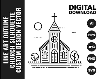 Minimalistisches Kirchen-SVG-Bundle, 3 Linienzeichnungen, Cricut- und Silhouette-Schnittdateien, Vektor-EPS und PNG, Cliparts für christliche Kapellen
