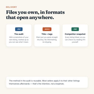 May include: An informational graphic titled Delivery: Files you own, in formats that open anywhere. It displays three white cards with file icons: a blue PDF for The audit, an orange DOCX for Title + tags, and a green PDF for Competitor snapshot.