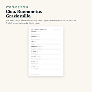 May include: A white educational worksheet titled Everyday Phrases featuring eight Italian phrases with English translations and light gray dotted lines for tracing. The text includes Buongiorno, Buonanotte, Ciao, Grazie mille, Per favore, Come stai, Sto bene, and A presto.