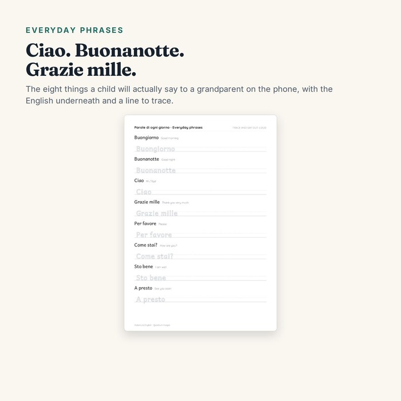 May include: A white educational worksheet titled Everyday Phrases featuring eight Italian phrases with English translations and light gray dotted lines for tracing. The text includes Buongiorno, Buonanotte, Ciao, Grazie mille, Per favore, Come stai, Sto bene, and A presto.