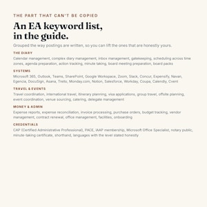 以下が含まれることがあります： The part that can't be copied, An EA keyword list, in the guideというタイトルのデジタルガイドページ。The Diary、Systems、Travel & Events、Money & Admin、Credentialsなどの専門的なカテゴリーと、具体的な事務作業が記載されています。