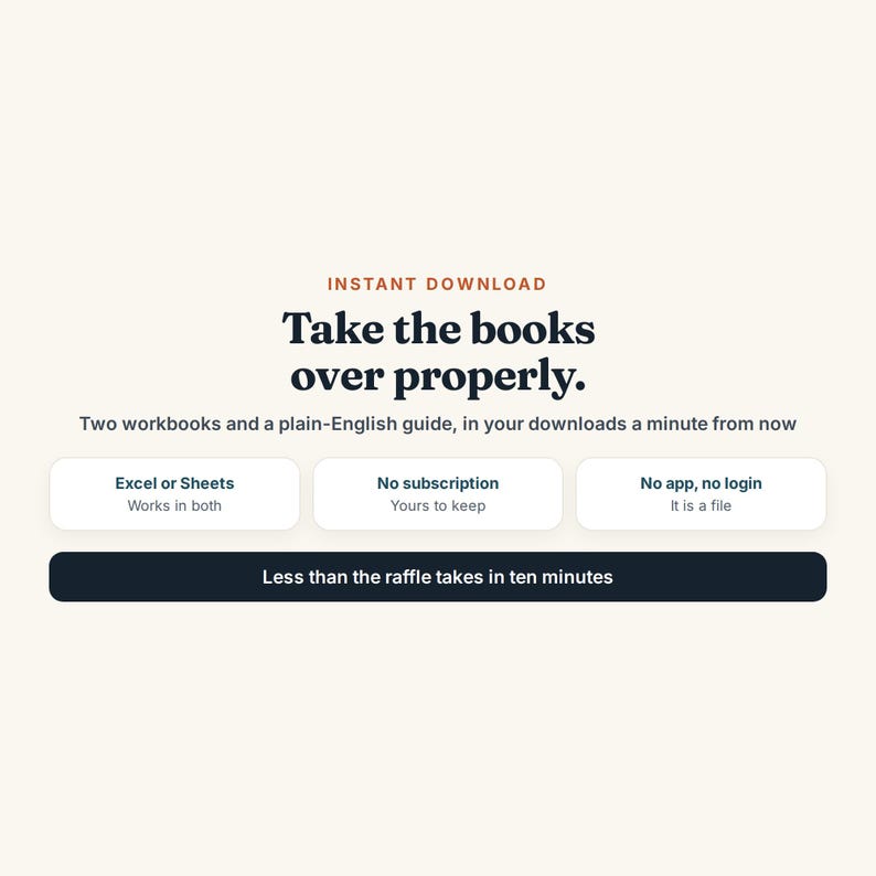 K&ouml;nnte beinhalten: Eine digitale Produktgrafik mit dem Text INSTANT DOWNLOAD, Take the books over properly., Two workbooks and a plain-English guide, in your downloads a minute from now, Excel or Sheets, No subscription, No app, no login, und Less than the raffle takes in ten minutes.