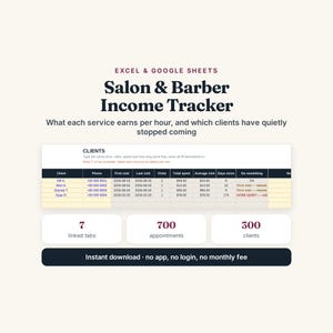 K&ouml;nnte beinhalten: Eine digitale Tabellenvorlage mit dem Titel Salon & Barber Income Tracker f&uuml;r Excel und Google Sheets. Sie enth&auml;lt eine Kundendatentabelle mit Spalten f&uuml;r Besuche, Ausgaben und Status sowie Zusammenfassungsfelder f&uuml;r 7 verkn&uuml;pfte Registerkarten.