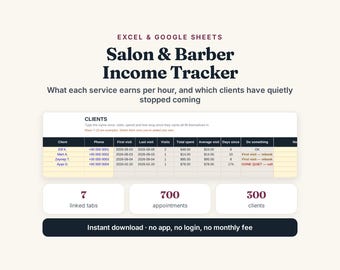 Salon Barber Income Tracker, Client Log, Price List (Excel, Google Sheets)