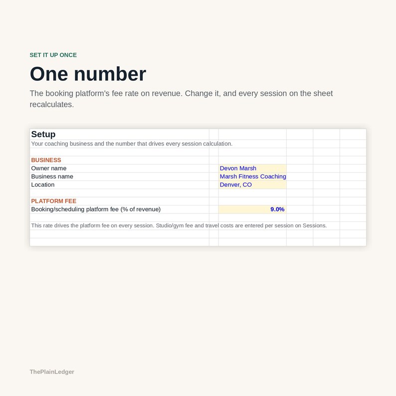 Pode incluir: Uma interface de planilha digital intitulada One number com o subt&iacute;tulo Set it up once. Exibe uma se&ccedil;&atilde;o de configura&ccedil;&atilde;o para um neg&oacute;cio de coaching, incluindo campos para o nome do propriet&aacute;rio Devon Marsh, nome da empresa Marsh Fitness Coaching, localiza&ccedil;&atilde;o Denver, CO, e uma taxa de plataforma de 9,0%.