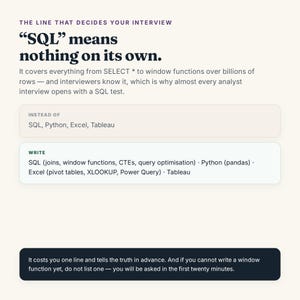 May include: An educational graphic with dark text on a light background. It states, "SQL" means nothing on its own, and provides advice on how to list technical skills like SQL, Python, Excel, and Tableau on a resume to better prepare for interviews.