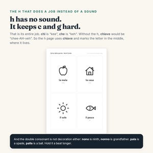 May include: An educational sheet titled The H That Does A Job Instead Of A Sound, explaining the letter h and double consonants. It features a grid of four word cards with black line icons for an apple, house, sun, and fish with Italian labels.