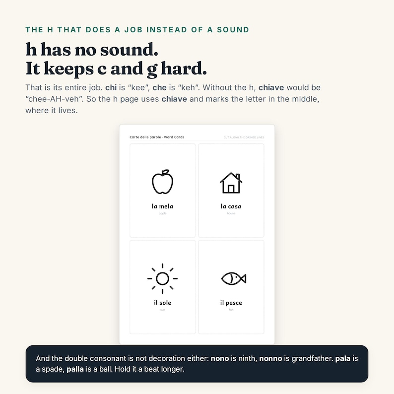 May include: An educational sheet titled The H That Does A Job Instead Of A Sound, explaining the letter h and double consonants. It features a grid of four word cards with black line icons for an apple, house, sun, and fish with Italian labels.
