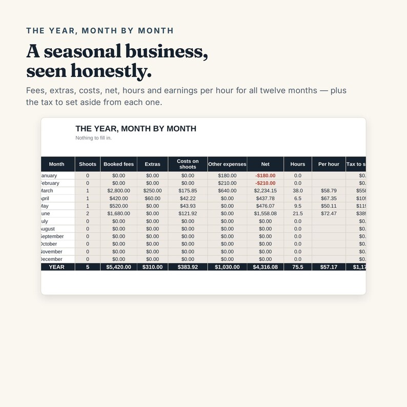 May include: A financial spreadsheet titled THE YEAR, MONTH BY MONTH, displaying columns for shoots, booked fees, extras, costs, other expenses, net, hours, per hour, and tax to set aside for each month of the year with numerical data.