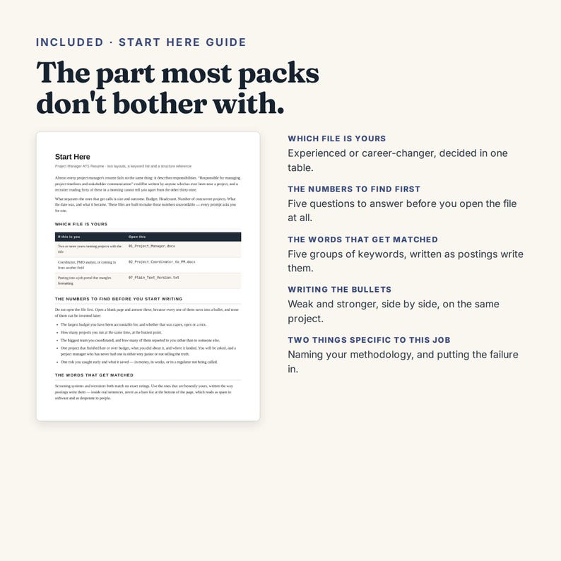 May include: A digital document titled Start Here Guide featuring the text The part most packs don't bother with. It includes sections on file selection, finding numbers, matching words, writing bullets, and two specific job requirements for project managers.