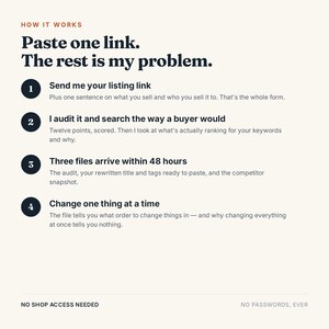 May include: An informational graphic titled HOW IT WORKS with the text Paste one link. The rest is my problem. It outlines a four-step process numbered one through four, detailing a service that audits listing links and provides files within 48 hours.