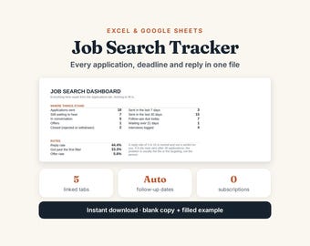 Job Search Tracker Spreadsheet | Excel, Google Sheets Application Dashboard (Digital Download)