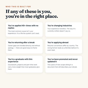 May include: An informational graphic with the heading WHO THIS IS BUILT FOR and the text If any of these is you, you're in the right place. It features six white rectangular boxes listing career scenarios including applying 40+ times, changing industries, returning after a break, applying abroad, being a graduate with thin experience, and being promoted without updating a resume.