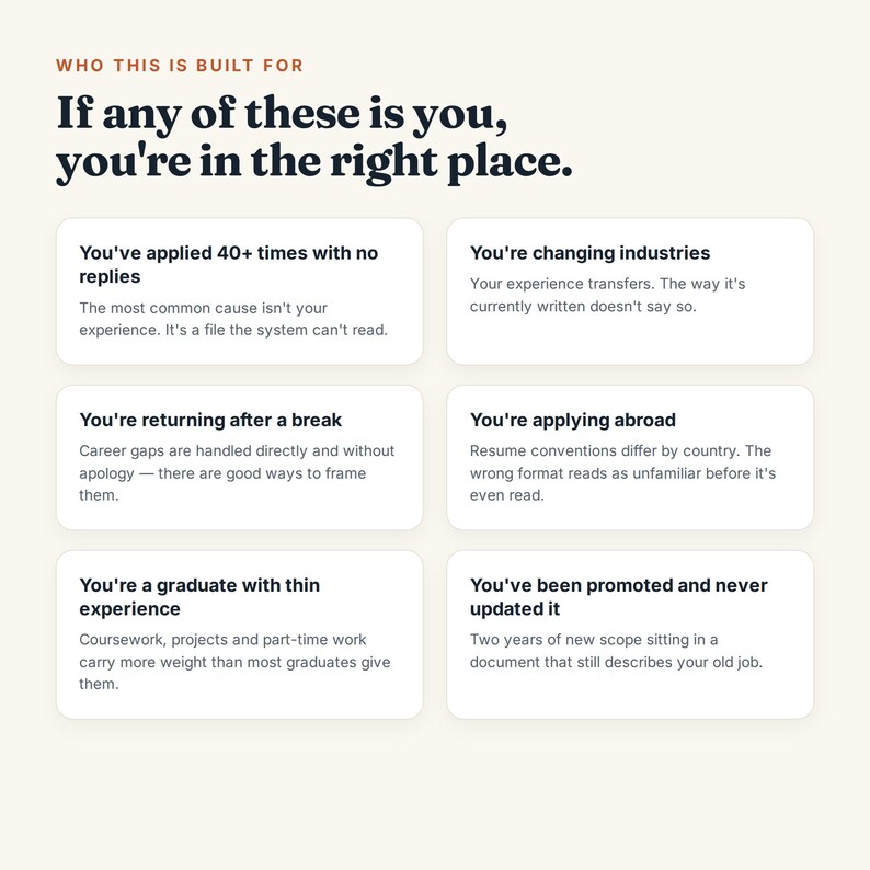 May include: An informational graphic with the heading WHO THIS IS BUILT FOR and the text If any of these is you, you're in the right place. It features six white rectangular boxes listing career scenarios including applying 40+ times, changing industries, returning after a break, applying abroad, being a graduate with thin experience, and being promoted without updating a resume.