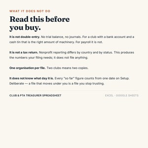 K&ouml;nnte beinhalten: Eine digitale Informationsgrafik mit cremefarbenem Hintergrund und schwarzem Text mit dem Titel WHAT IT DOES NOT DO. Es wird erkl&auml;rt, dass die Club & PTA Treasurer Spreadsheet f&uuml;r Excel und Google Sheets keine doppelte Buchf&uuml;hrung oder Steuererkl&auml;rung ist.