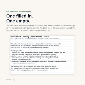 Pu&ograve; includere: Un set di cartelle di lavoro digitali per autisti e corrieri, con un esempio compilato e un modello vuoto. Il testo descrive un tracker per entrate, turni e spese, includendo la configurazione e i calcoli automatici del dashboard.
