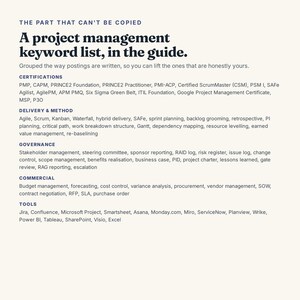 May include: A white informational guide titled The part that can't be copied, featuring a project management keyword list. Categories include Certifications, Delivery & Method, Governance, Commercial, and Tools, with black text on a light background.