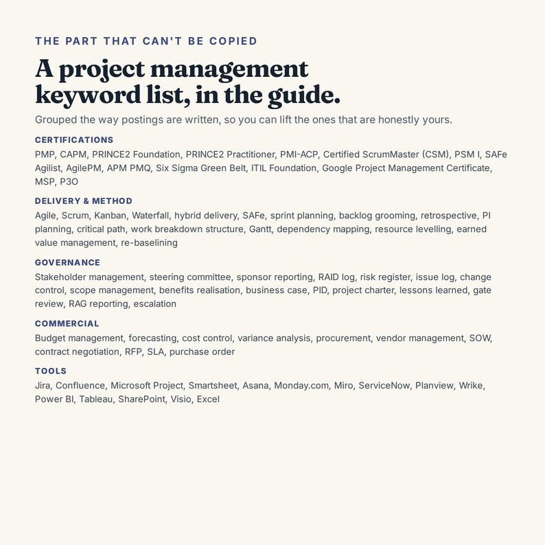 May include: A white informational guide titled The part that can't be copied, featuring a project management keyword list. Categories include Certifications, Delivery & Method, Governance, Commercial, and Tools, with black text on a light background.