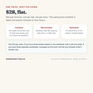 May include: A digital service information graphic titled SPREADSHEET RESCUE. It states ONE PRICE, WRITTEN DOWN $28, flat. It lists included, not included, and refunded terms for spreadsheet repair services, noting a 48-hour turnaround for Excel and Sheets.