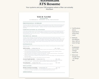 Accountant ATS Resume, CPA Bookkeeper CV (Word, Google Docs)