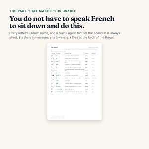 May include: A white instructional page titled The page that makes this usable, featuring the text You do not have to speak French to sit down and do this. Below, a table lists French letters, their names, pronunciation hints, and examples.