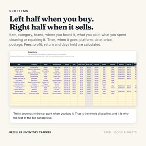 K&ouml;nnte beinhalten: Eine digitale Inventar-Tracking-Tabelle f&uuml;r Wiederverk&auml;ufer mit Spalten f&uuml;r Artikeldetails, Kosten und Verkaufsdaten. Der Text lautet: Left half when you buy. Right half when it sells. Das Tool ist f&uuml;r Excel und Google Sheets zur Verwaltung von 500 Artikeln.