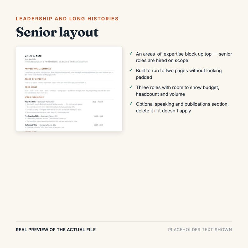 May include: A digital resume template titled Senior layout featuring sections for professional summary, areas of expertise, core skills, and work experience. The document includes bulleted lists and placeholder text for contact details and job history.