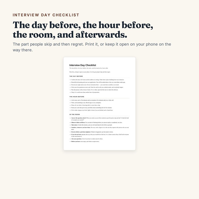May include: A digital document titled Interview Day Checklist with sections for The Day Before, The Hour Before, In The Room, and Afterwards. The text provides instructions for interview preparation, including printing or viewing on a mobile device.