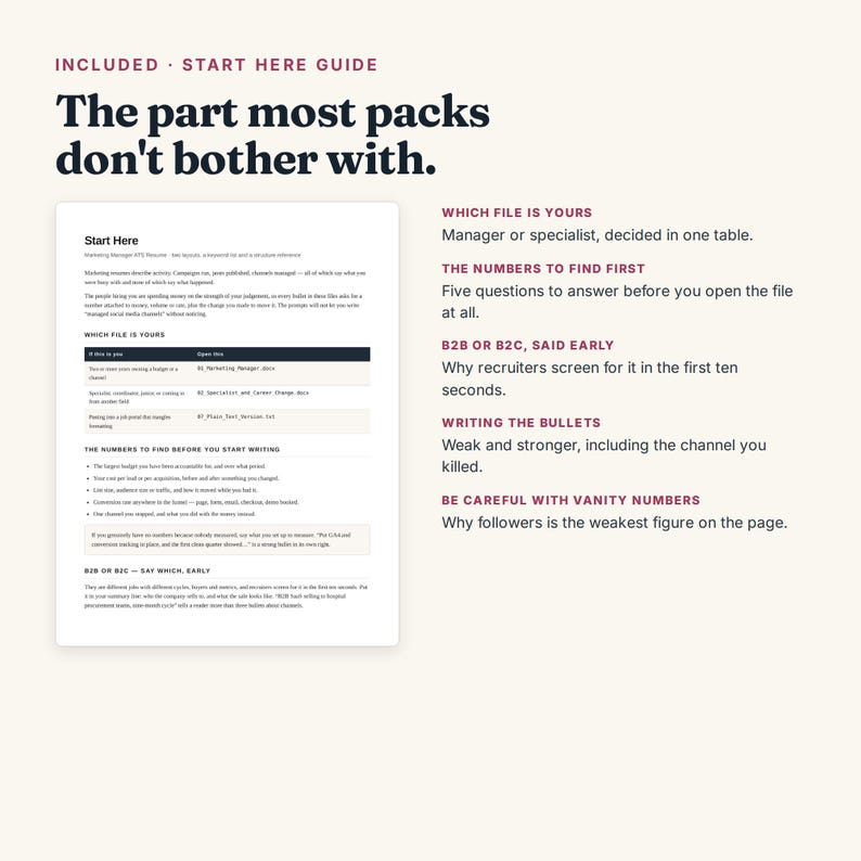 May include: A digital document titled Start Here Guide featuring text about marketing management. The content includes sections on file selection, key metrics, B2B versus B2C strategies, bullet point writing, and vanity numbers, presented in a clean layout.