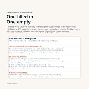 May include: A digital download containing two workbooks for tracking van and fleet running costs. One workbook is pre-filled with data for a five-van plumbing and heating firm, while the other is empty. Includes a plain-English guide for fleet management.