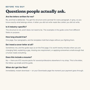 K&ouml;nnte beinhalten: Ein digitales Informationsblatt mit dem Titel Before You Buy: Questions people actually ask. Der Text behandelt Fragen zu Anschreiben, Branchenspezifikationen, L&auml;nge, Notwendigkeit eines Begleitschreibens, Lebenslauf und Dateizustellung.
