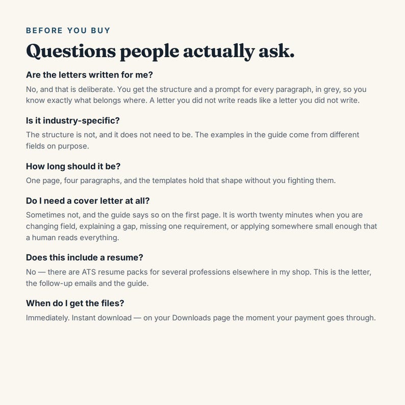 K&ouml;nnte beinhalten: Ein digitales Informationsblatt mit dem Titel Before You Buy: Questions people actually ask. Der Text behandelt Fragen zu Anschreiben, Branchenspezifikationen, L&auml;nge, Notwendigkeit eines Begleitschreibens, Lebenslauf und Dateizustellung.