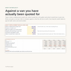 May include: A financial comparison chart titled Keep It Or Replace It Against a van you have actually been quoted for. It includes a table detailing replacement costs, financing, fuel efficiency, and maintenance, alongside a van-by-van comparison.