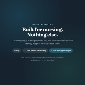 Op de afbeelding: Een donkerblauwe digitale afbeelding met witte tekst: INSTANT DOWNLOAD, Built for nursing. Nothing else. Three layouts, a nursing keyword list, and rotation bullets written the way hospital recruiters read them. 1. Buy 2. Files appear immediately 3. Edit and apply tonight. Not a nurse? There are packs for software engineers and teachers in my shop too.