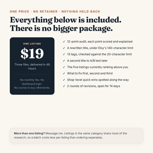 May include: A digital service advertisement featuring the text: One price, no retainer, nothing held back. Everything below is included. There is no bigger package. It lists an audit service with a 12-point review, title and tag optimization, A/B testing, competitor analysis, and revision rounds.