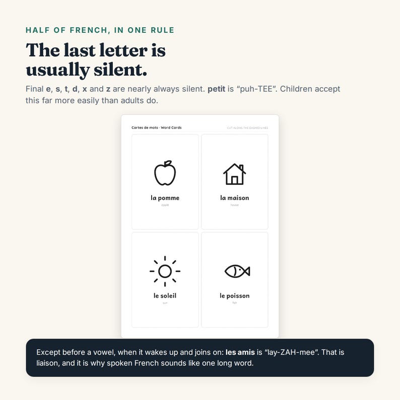 May include: An educational sheet titled Half of French, in one rule, explaining silent letters. It features four word cards with black line icons of an apple, house, sun, and fish, labeled la pomme, la maison, le soleil, and le poisson.