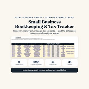 May include: A digital spreadsheet template titled Small Business Bookkeeping & Tax Tracker for Excel and Google Sheets. It features a Money Out table with columns for date, payee, category, and costs, plus summary boxes for 8 tabs, 900 rows, 21 categories, and 24 months.