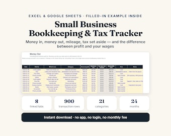 Small Business Bookkeeping Tracker, Excel Google Sheets, Income Expense Profit (Instant Download)