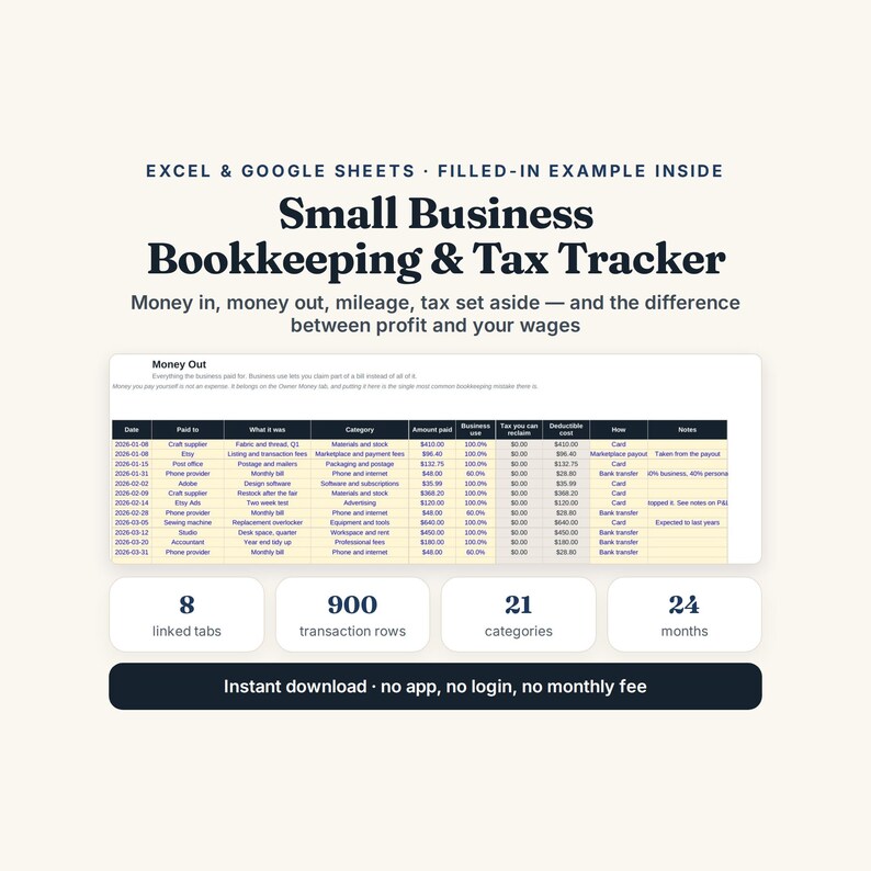 May include: A digital spreadsheet template titled Small Business Bookkeeping & Tax Tracker for Excel and Google Sheets. It features a Money Out table with columns for date, payee, category, and costs, plus summary boxes for 8 tabs, 900 rows, 21 categories, and 24 months.