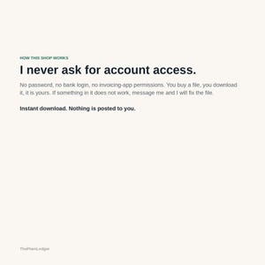 Może przedstawiać: Biała grafika informacyjna z ciemnym tekstem o treści: HOW THIS SHOP WORKS. I never ask for account access. No password, no bank login, no invoicing-app permissions. You buy a file, you download it, it is yours. Instant download.