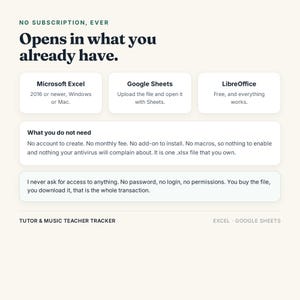 K&ouml;nnte beinhalten: Eine digitale Informationsgrafik f&uuml;r eine Tutor & Music Teacher Tracker Tabellenkalkulation. Sie besagt: NO SUBSCRIPTION, EVER. Opens in what you already have. Microsoft Excel, Google Sheets, LibreOffice. What you do not need. No account to create.