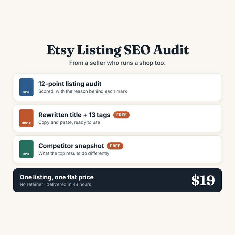 May include: An Etsy Listing SEO Audit service graphic featuring the text Etsy Listing SEO Audit, From a seller who runs a shop too. It lists a 12-point listing audit, a rewritten title with 13 tags, and a competitor snapshot, ending with One listing, one flat price.