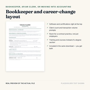 May include: A resume template for bookkeepers and accounting professionals featuring a clean, black and white layout with sections for professional summary, software, certifications, experience, core skills, and education and training.