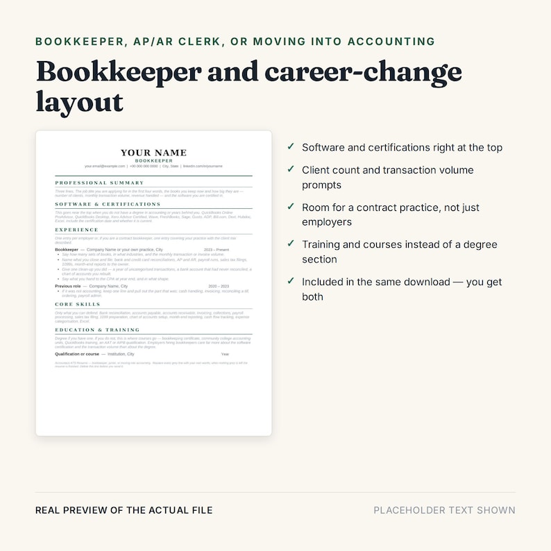 May include: A resume template for bookkeepers and accounting professionals featuring a clean, black and white layout with sections for professional summary, software, certifications, experience, core skills, and education and training.