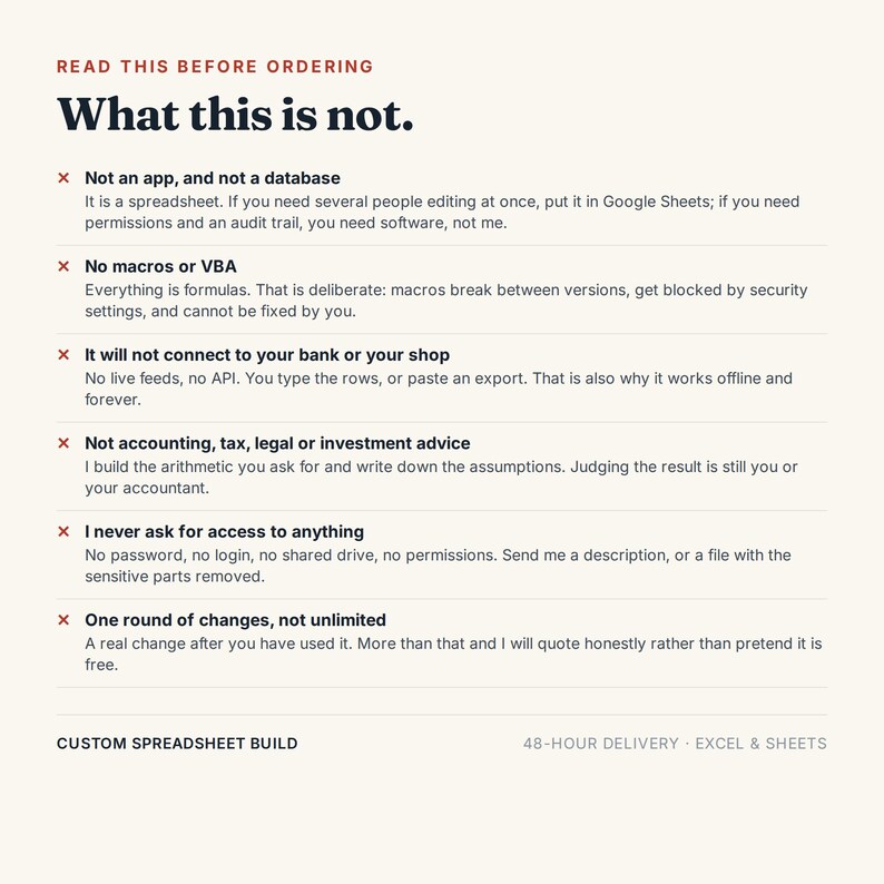 May include: A digital information sheet titled READ THIS BEFORE ORDERING What this is not. It lists six points with red X icons clarifying that the product is a spreadsheet, not an app, database, or accounting service, and does not use macros or VBA.