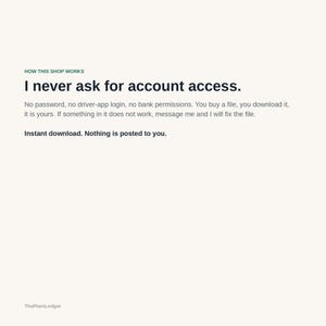 Pu&ograve; includere: Un grafico informativo su sfondo chiaro con testo scuro che recita: HOW THIS SHOP WORKS. I never ask for account access. No password, no driver-app login, no bank permissions. You buy a file, you download it, it is yours. Instant download. ThePlainLedger.