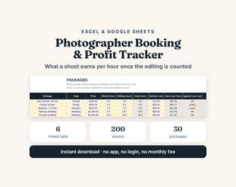 Photographer Booking Profit Tracker Spreadsheet (Excel Google Sheets)